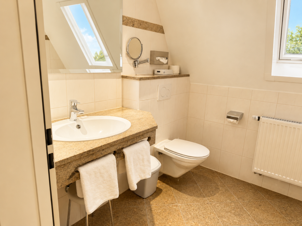 Badezimmer mit Waschbecken auf Steinplatte, Handtüchern, Wand-WC, Heizkörper und Dachfenster