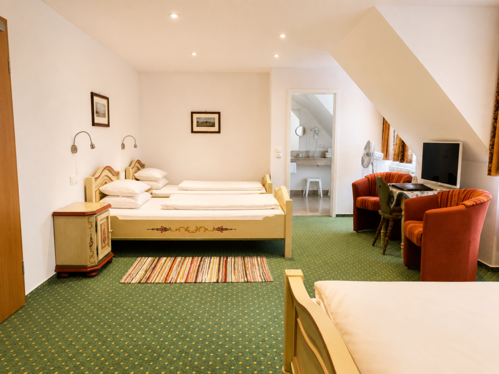 Two single beds with a bedside table and wall lights, a striped rug in front, and on the right a seating area with a TV and a fan