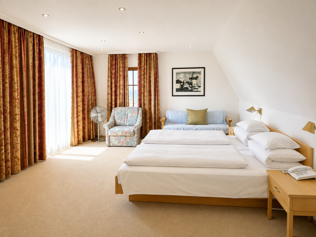 Bedroom with a double bed, sofa bed, flowered armchair and a standing fan in front of floor-length curtains