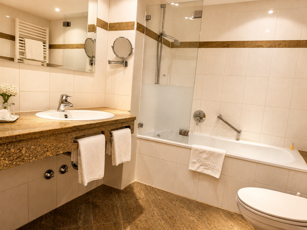 Bathroom with a stone washbasin, make-up mirror, bath with a glass screen and toilet