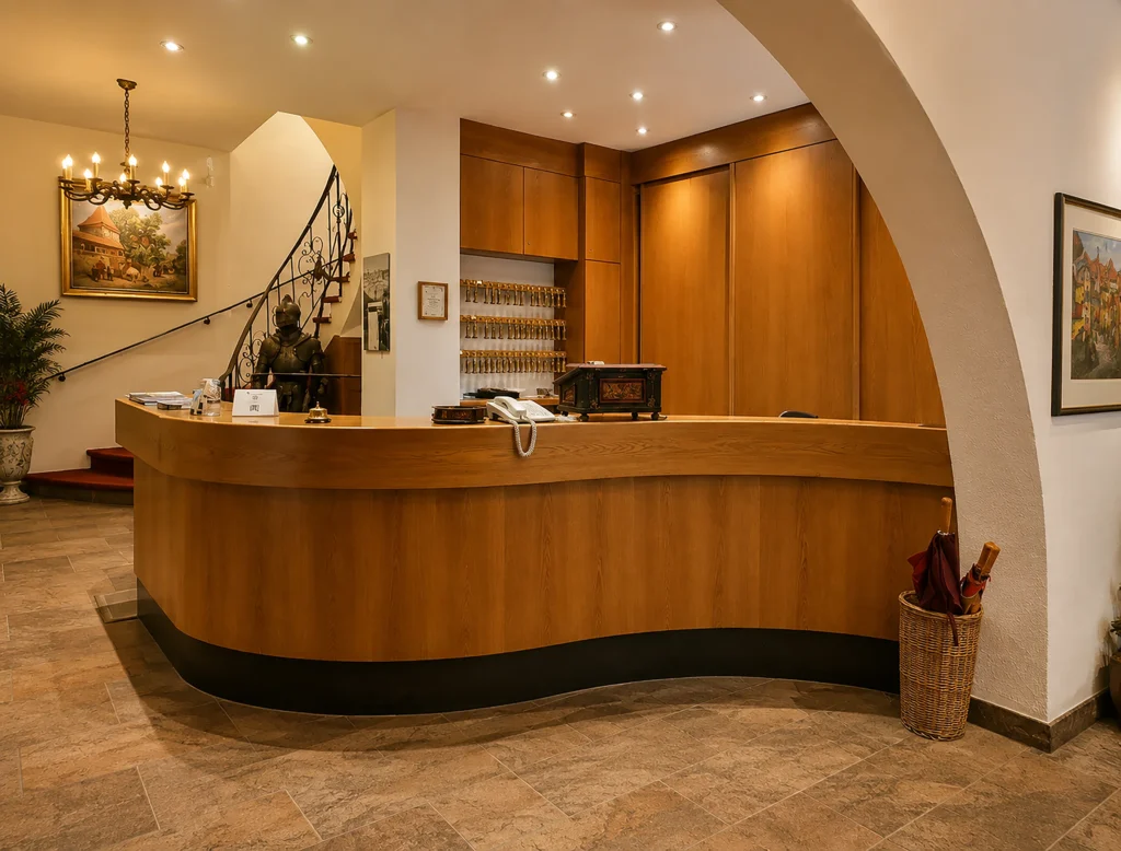 Rezeption des Hotels mit geschwungenem Holztresen, Kronleuchter und Treppe ins Obergeschoss