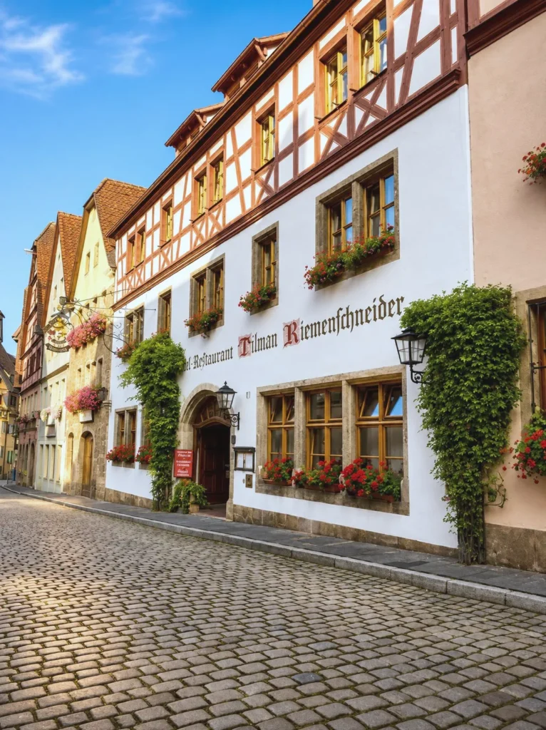 Fachwerkfassade des Hotels Tilman Riemenschneider in der Georgengasse mit Blumenkästen und Schriftzug